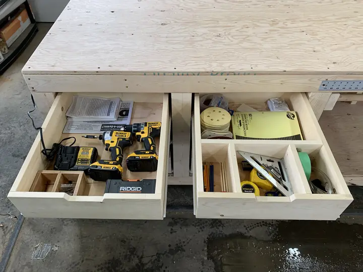 Workbench drawers full of power tools