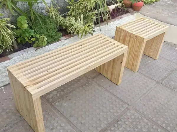 Slatted garden bench and side table